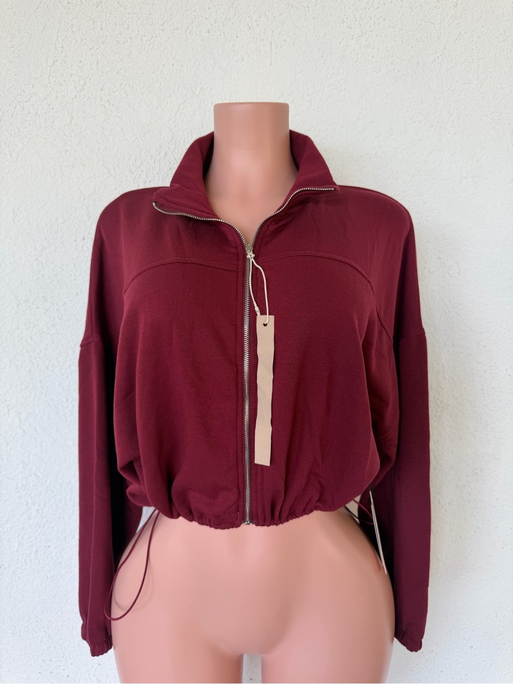 iris Burgundy Zip-Front Cropped Bomber Jacket